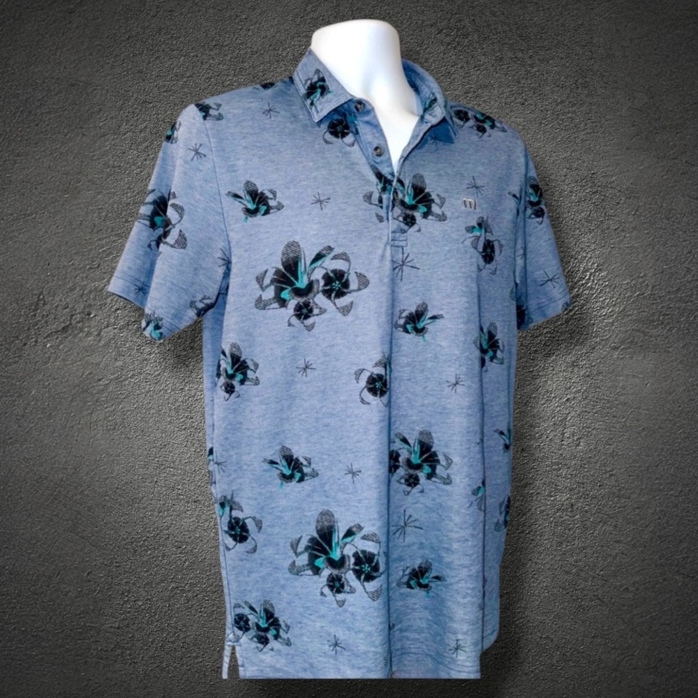 Travis Mathew Blue Floral Print Golf Polo Shirt Medium| 1MS071 Pima Cotton Blend